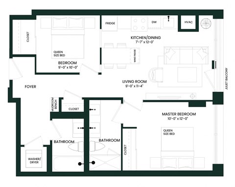 Floor plan for 2 beds, 2 baths, 788 sqft
